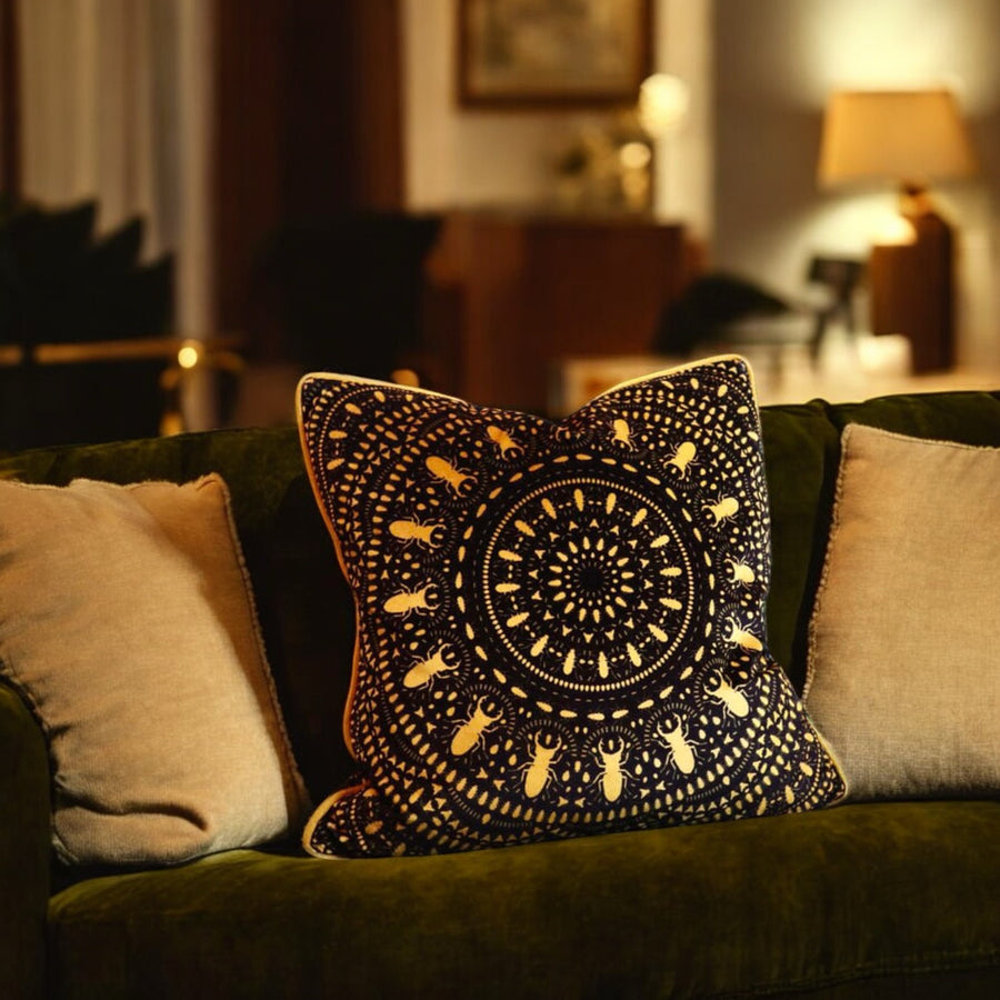 INSECT MANDALA BLACK & GOLD: velvet cushion