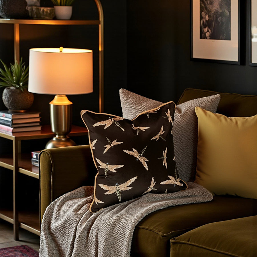 DRAGONFLY SWARM BLACK: velvet cushion